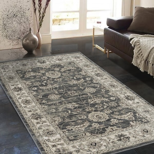 Allstar Rugs Distressed Grey and Charcoal Grey Rectangular Accent Area Rug with Beige Persian Vine Design - 4' 11" x 7' 0"