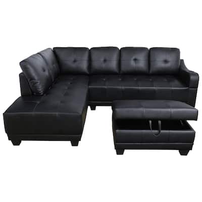 AYCP Furniture Faux Leather Sectional Sofa with Storage Ottoman and Cup Holder on the Arm