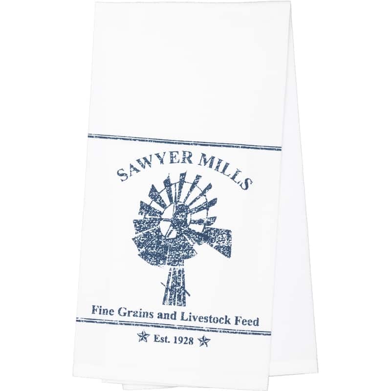 Sawyer Mill Blue Windmill Muslin Bleached White Tea Towel 19x28 - Tea Towel 28x19