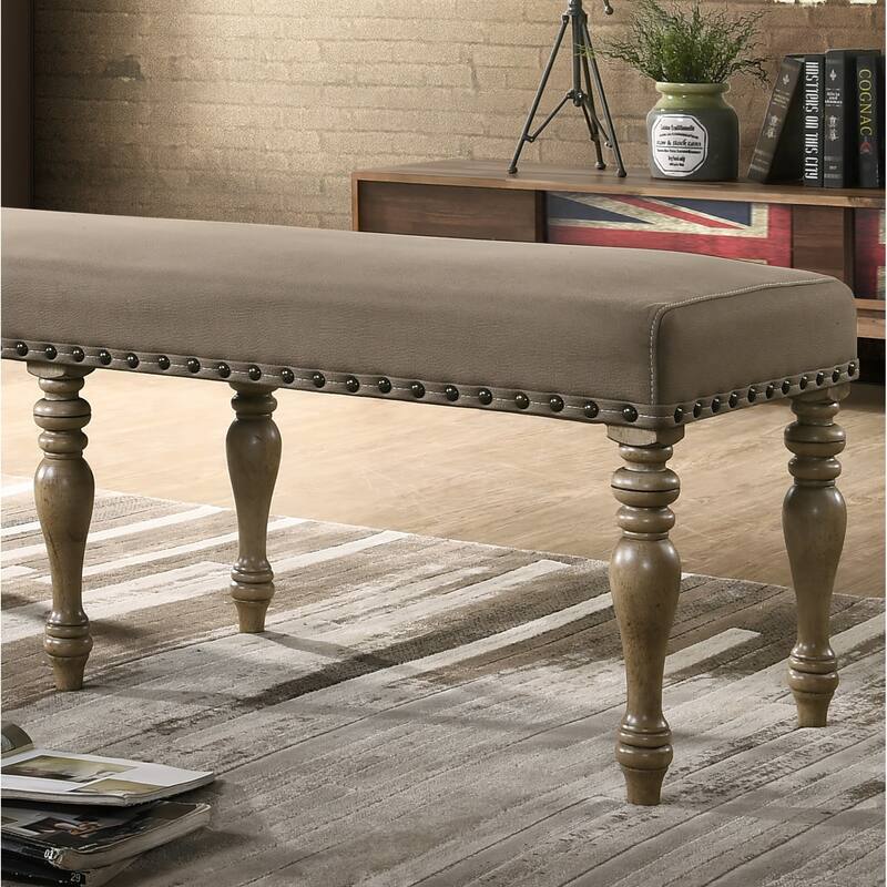 Roundhill Furniture Birmingham Microfiber Upholstered Bench with Nail Head Trim in Driftwood Finish