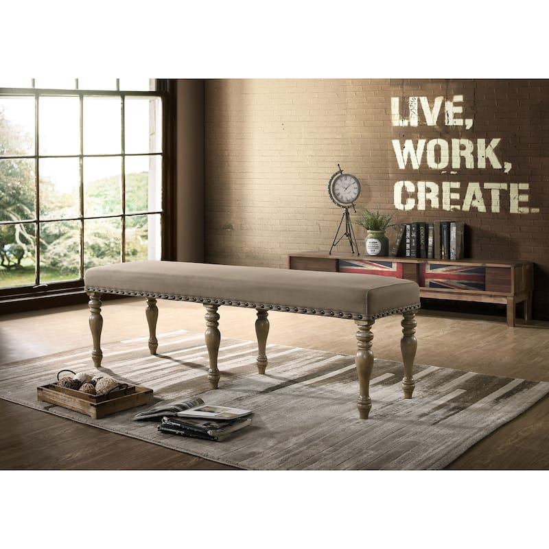 Roundhill Furniture Birmingham Nailhead 8-Piece Table with Nail Head Bench and Arm Chair Dining Set, Driftwood