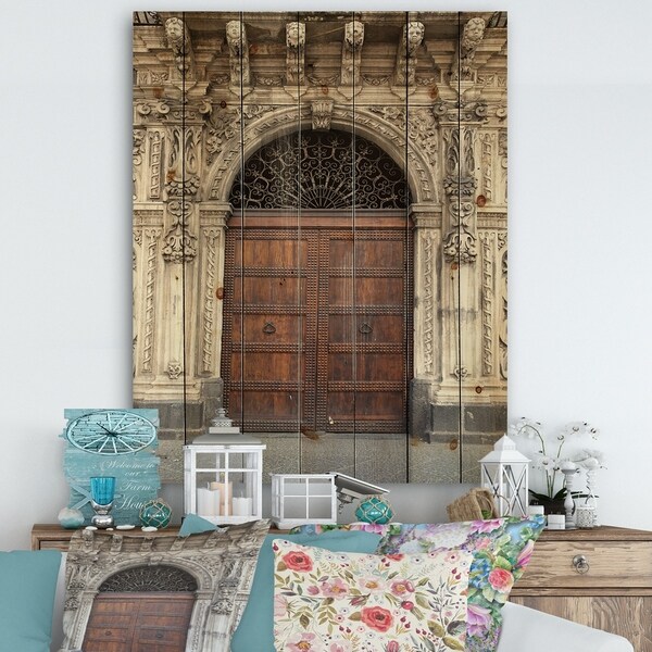 Designart 'Old Door in Catania' Vintage Print on Natural Pine Wood - Brown/White