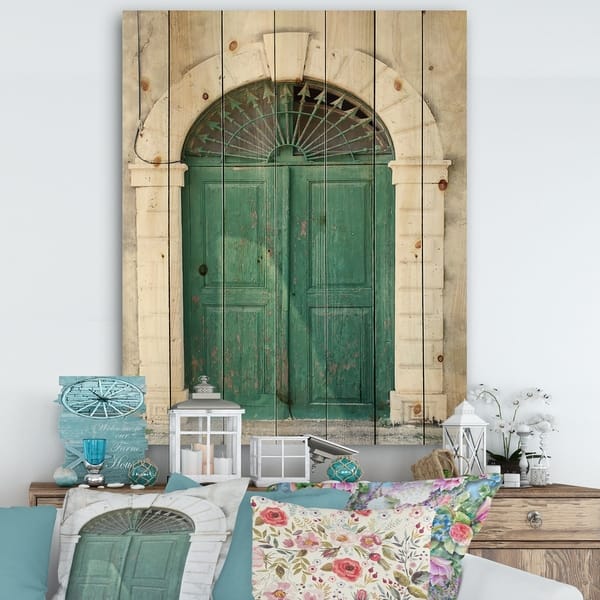 Designart Old European Vintage Door Vintage Print On Natural Pine Wood Green White
