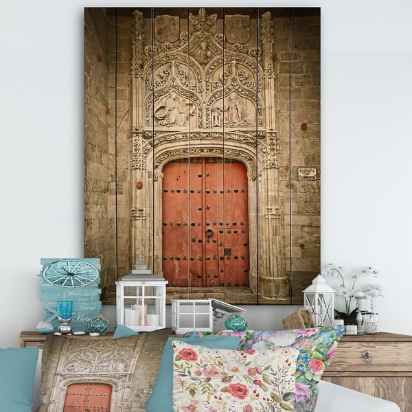 Designart 'Old Red Church Door in Salamanca Spain' Vintage Print on Natural Pine Wood - Multi-color