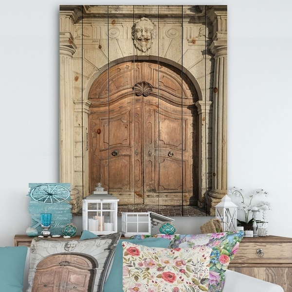 Designart 'Arched Medieval Palace Door' Vintage Print on Natural Pine Wood - Grey/Brown