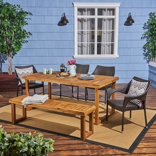 Lecanto Outdoor Aluminum Dining Set with Wicker Chairs and Bench by Christopher Knight Home