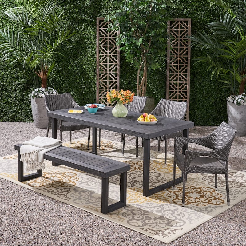 Lecanto Outdoor Aluminum Dining Set with Wicker Chairs and Bench by Christopher Knight Home - sandblast dark grey + gray