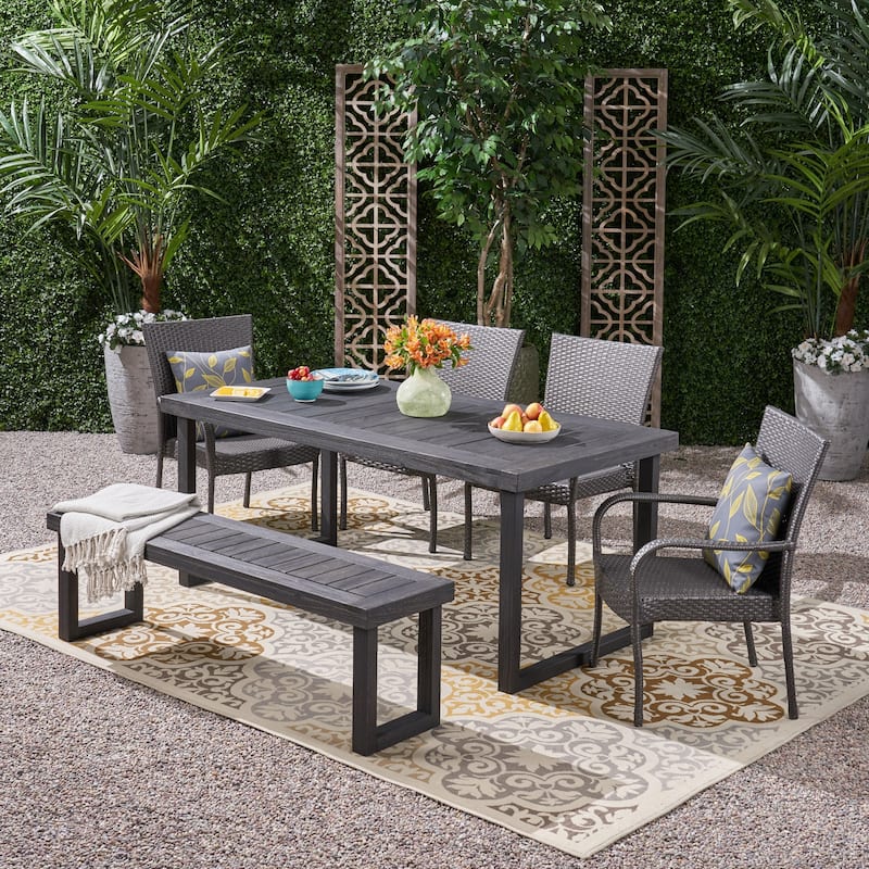 Nestor 6-piece Wood Dining Set with Wicker Chairs by Christopher Knight Home - sandblast dark grey + gray