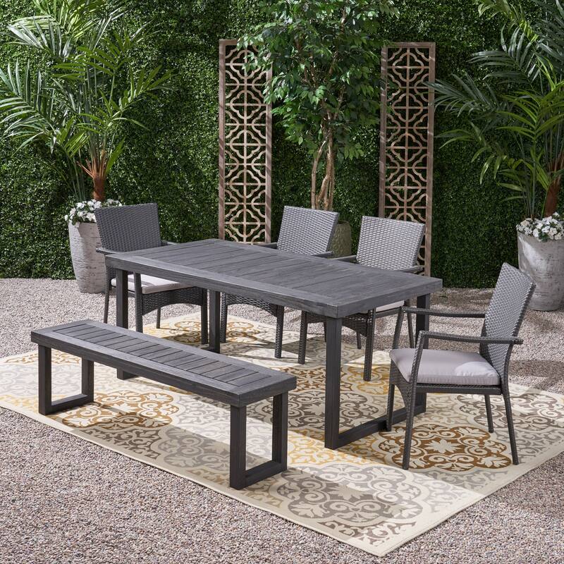 Garner Outdoor Aluminum Dining Set with Wicker Chairs and Bench