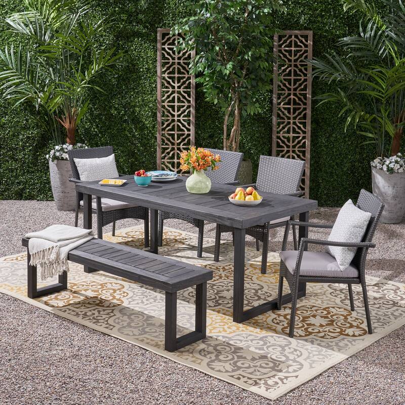 Garner Outdoor Aluminum Dining Set with Wicker Chairs and Bench - sandblast dark grey + gray cushion