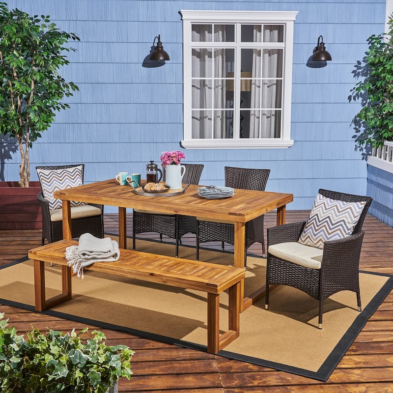 Moralis Outdoor Aluminum Dining Set with Wicker Chairs and Bench by Christopher Knight Home