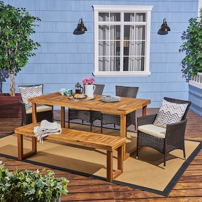 Moralis Outdoor Aluminum Dining Set with Wicker Chairs and Bench by Christopher Knight Home