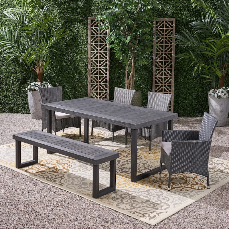 Moralis Outdoor Aluminum Dining Set with Wicker Chairs and Bench by Christopher Knight Home