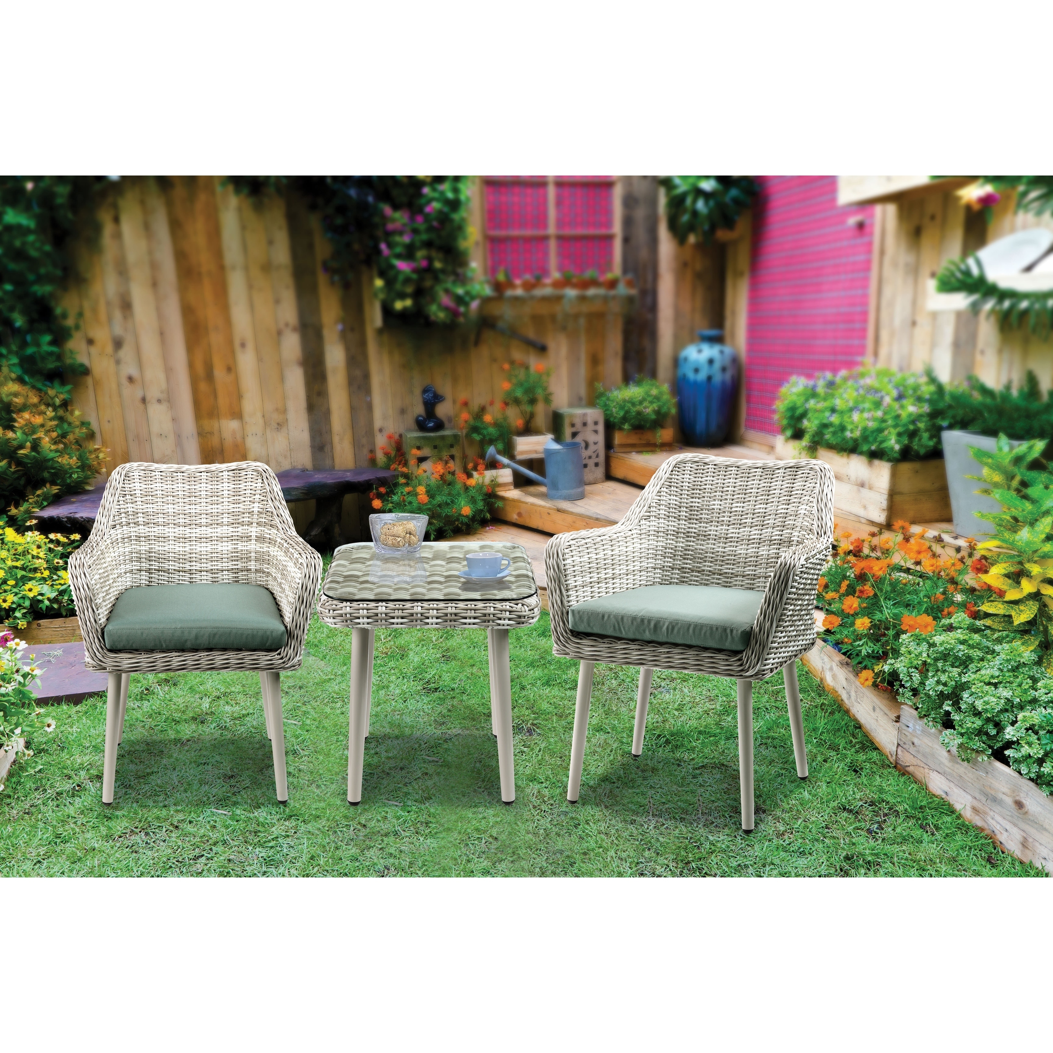 Acme Tashay 3pc Patio Bistro Set Green Fabric Beige Wicker Acme Tashay 3pc Patio Bistro Set Green Fabric Beige Wicker