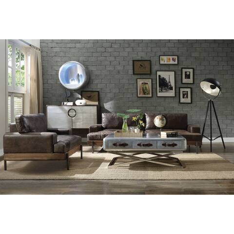 ACME Silchester Oak and Distressed Chocolate Top Grain Leather Sofa