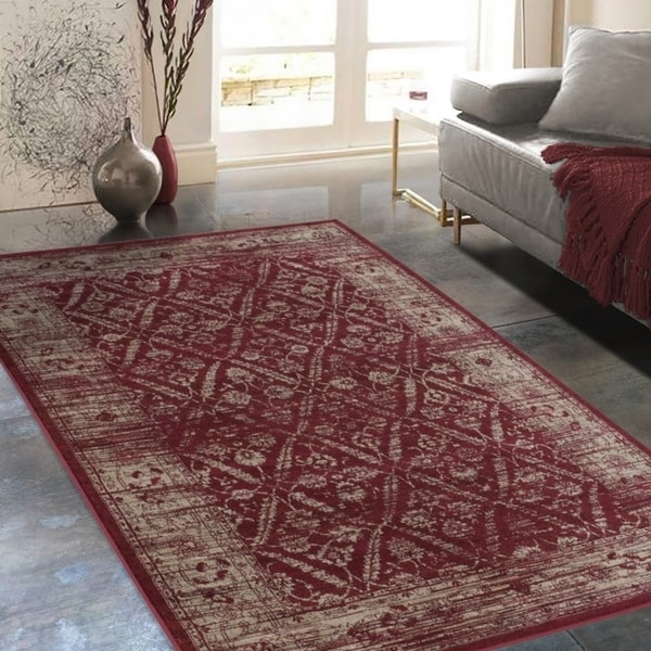 Allstar Rugs Distressed Wine Red and Burgundy Rectangular Accent Area Rug with Beige Diamond Lattice Design - 4' 11" x 7' 0"