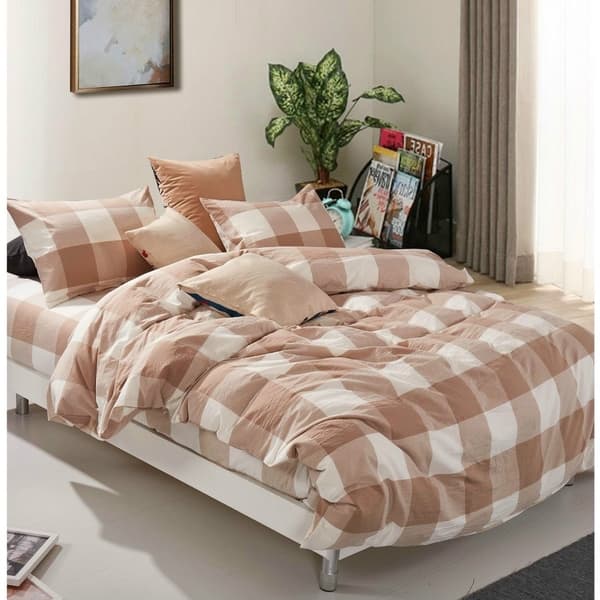 slide 1 of 48, Copper Grove Gyumri Cotton Plaid Windowpane Check 3-piece Duvet Cover Set Coffee - Queen/queen (92" x 90")