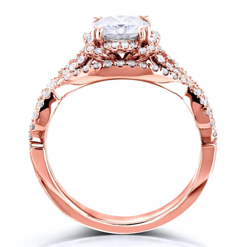 Annello by Kobelli 14k Gold 1-1/2ct.tw Moissanite 2-pc Bridal Set, Halo Diamond Crossover Split Shank - Multiple Colors