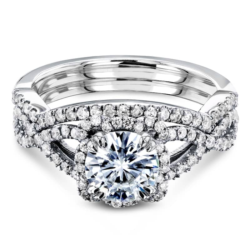 Annello by Kobelli 14k Gold 1-1/2ct.tw Moissanite 2-pc Bridal Set, Halo Diamond Crossover Split Shank - Multiple Colors