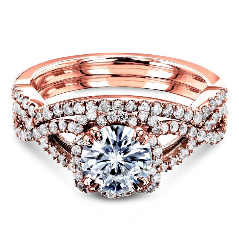 Annello by Kobelli 14k Gold 1-1/2ct.tw Moissanite 2-pc Bridal Set, Halo Diamond Crossover Split Shank - Multiple Colors