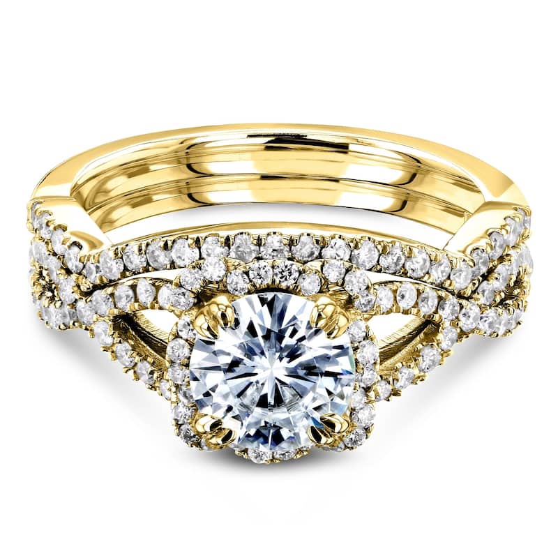 Annello by Kobelli 14k Gold 1-1/2ct.tw Moissanite 2-pc Bridal Set, Halo Diamond Crossover Split Shank - Multiple Colors