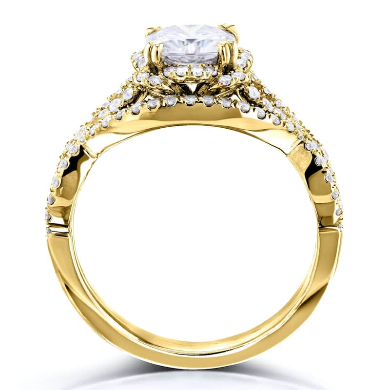 Annello by Kobelli 14k Gold 1-1/2ct.tw Moissanite 2-pc Bridal Set, Halo Diamond Crossover Split Shank - Multiple Colors