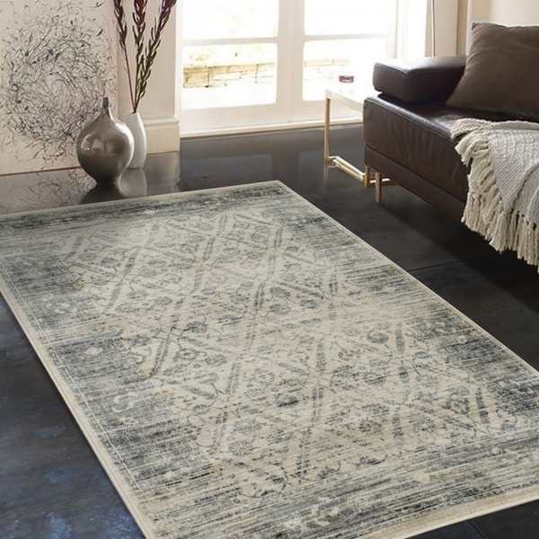 Allstar Rugs Beige and Ivory Rectangular Accent Area Rug with Black Diamond Lattice Design - 4' 11" x 7' 0"