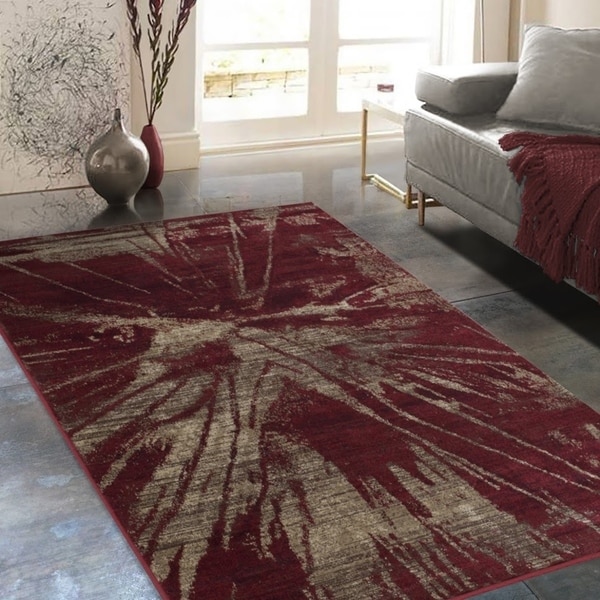 Allstar Rugs Distressed Wine Red and Chocolate Rectangular Accent Area Rug with Beige Abstract Design - 4' 11" x 7' 0"