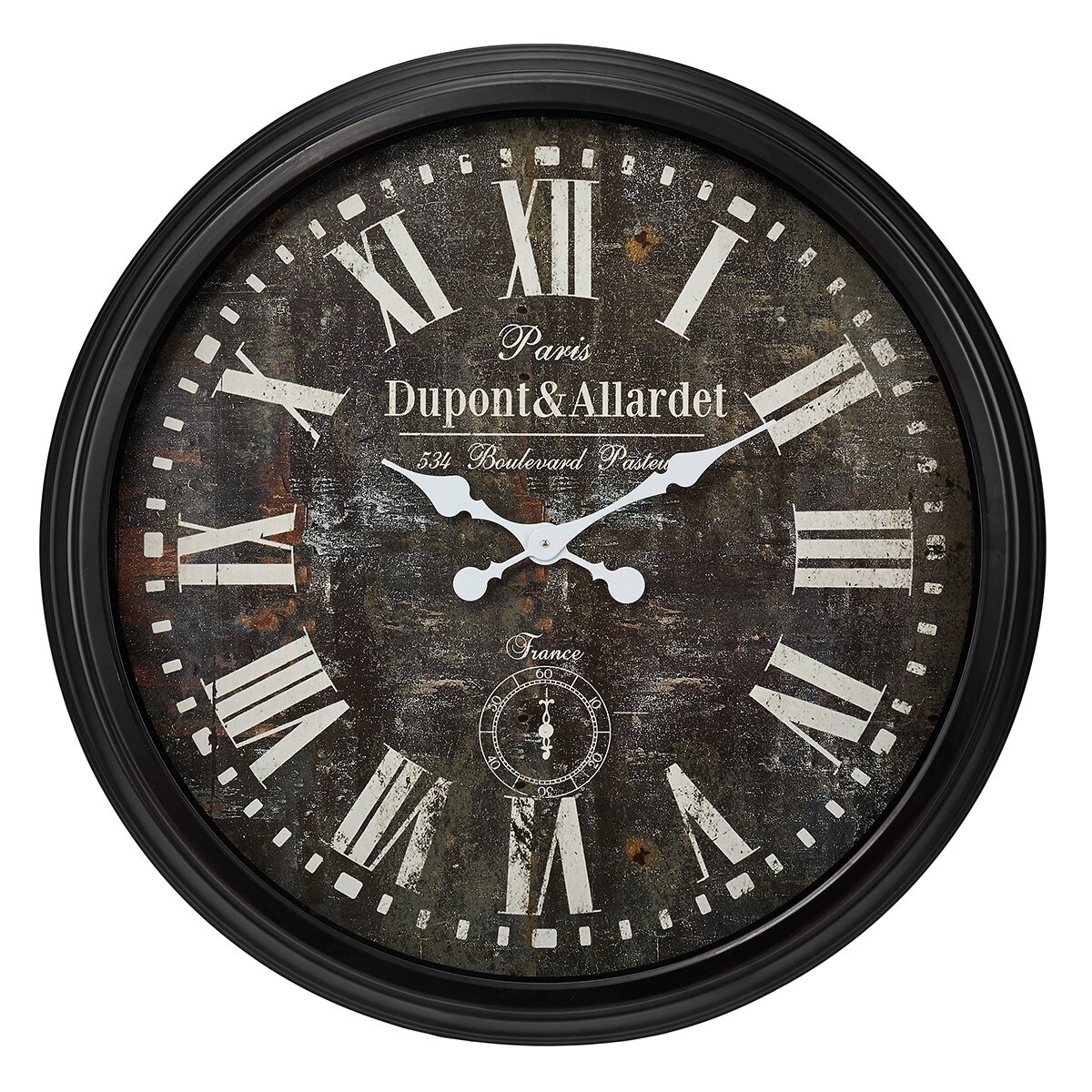 Round Wall Clock With Bold Roman Numbers Over Rustic Base Round Wall Clock With Bold Roman