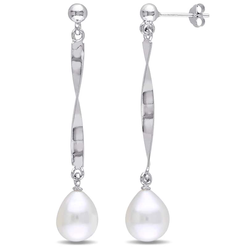 Miadora Sterling Silver Cultured Freshwater Pearl Twist Dangle Earrings (9-9.5 mm)