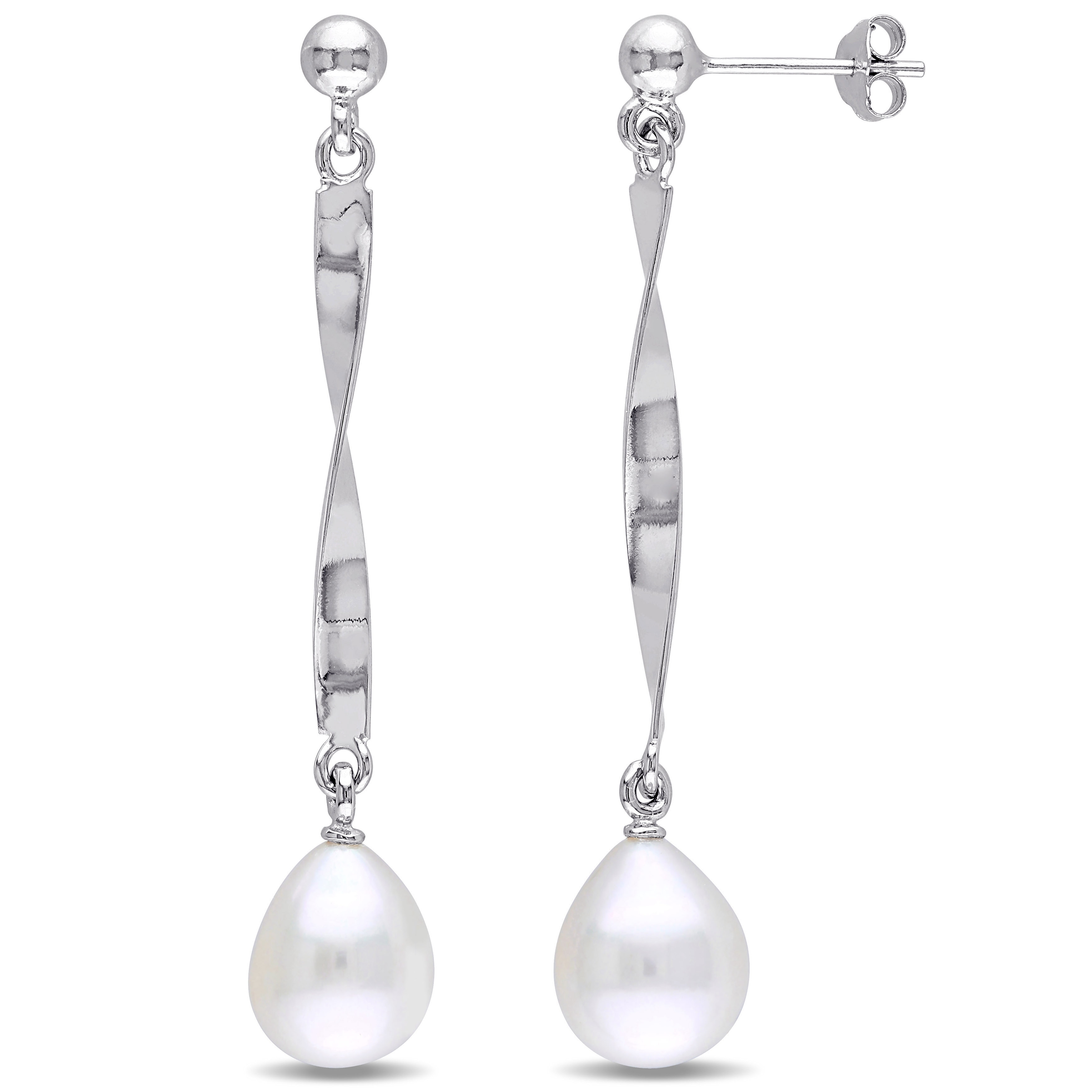 Miadora Sterling Silver Cultured Freshwater Pearl Twist Dangle Earrings (9-9.5 mm)