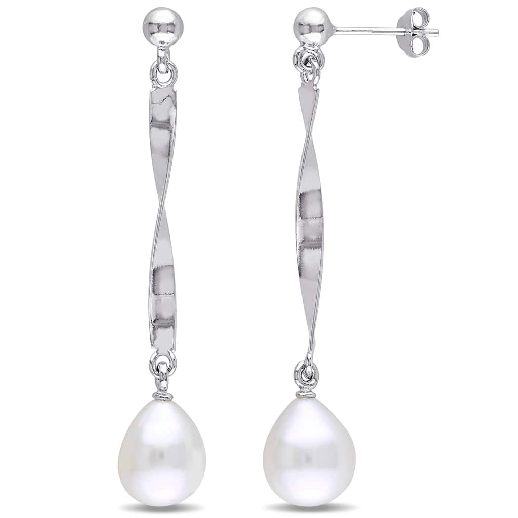 Miadora Sterling Silver Cultured Freshwater Pearl Twist Dangle Earrings (9-9.5 mm)