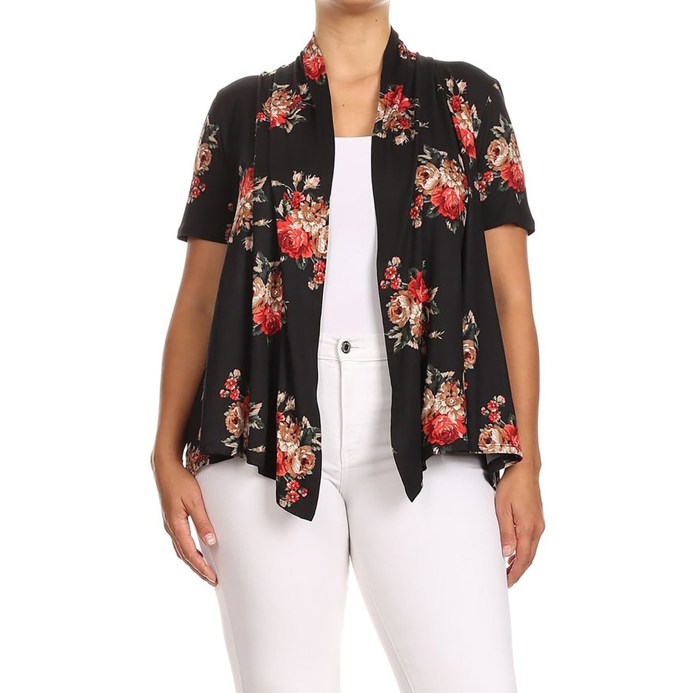 Womens Solid Loose Fit Open Front Draped Neck Short Sleeve Plus Size Jacket//Made in USA