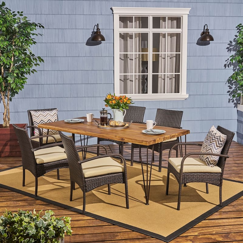 Clayton Outdoor 6-Seater Acacia Wood Dining Set by Christopher Knight Home - teak finish + multi brown