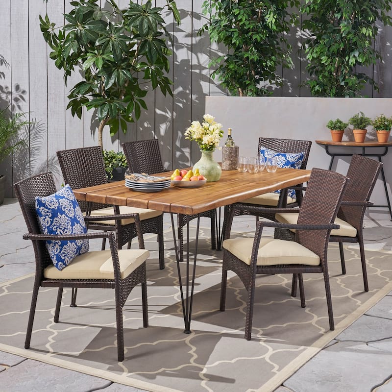 Tatum Outdoor 6-Seater Acacia Wood Dining Set by Christopher Knight Home - Teak Finish + Multi Brown