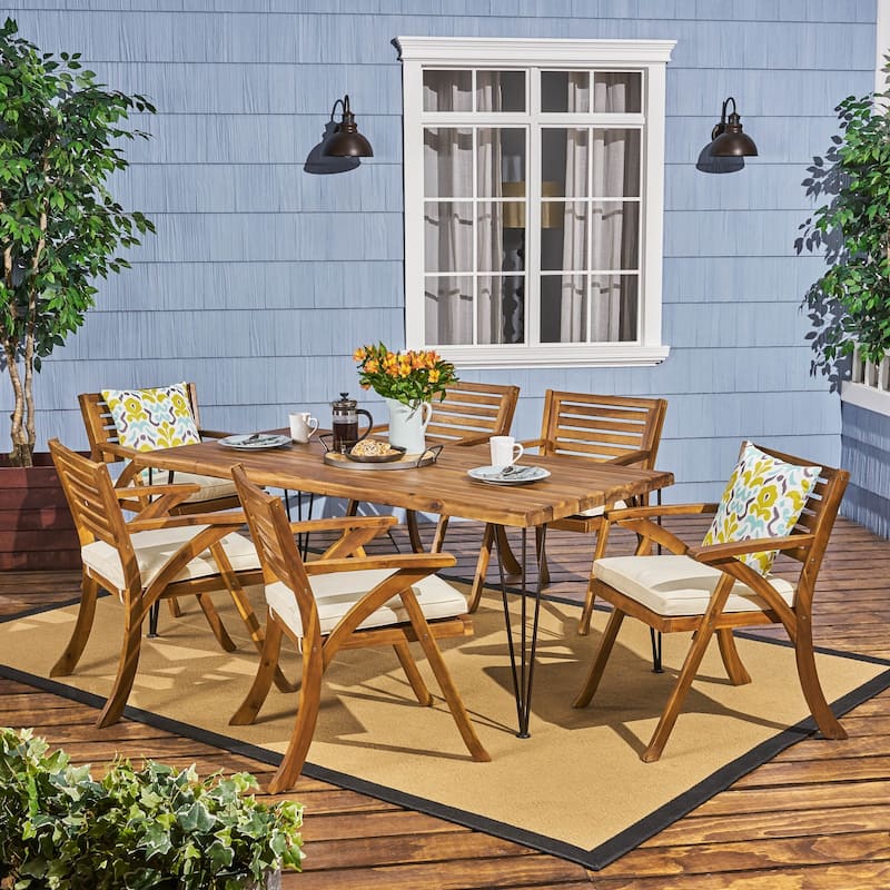 Christopher Knight Home Blaine Outdoor 6-Seater Acacia Wood Dining Set - teak finish + cream