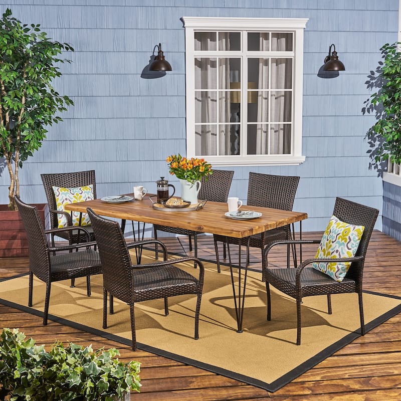 Walker Outdoor 6-Seater Acacia Wood Dining Set with Stacking Chairs by Christopher Knight Home - teak finish + multi brown