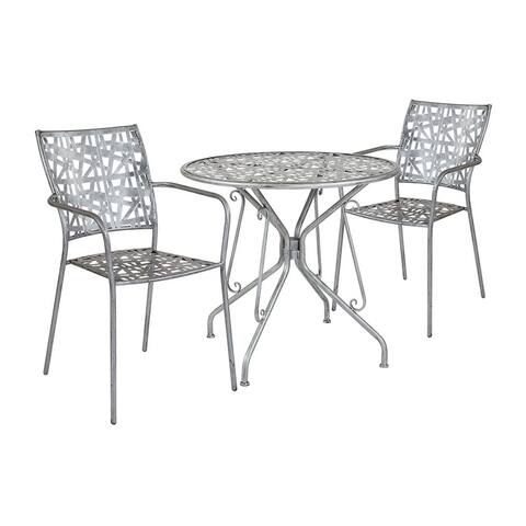 Offex 31.5" Round Antique Silver Indoor Outdoor Steel Patio Table with 2 Stack Chairs