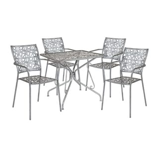 Offex 31.5" Square Antique Silver Indoor Outdoor Steel Patio Table with 4 Stack Chairs