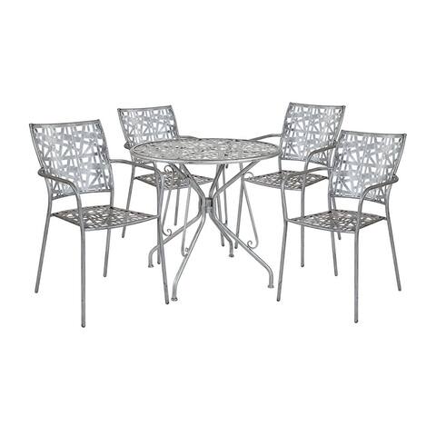 Offex 31.5" Round Antique Silver Indoor Outdoor Steel Patio Table with 4 Stack Chairs
