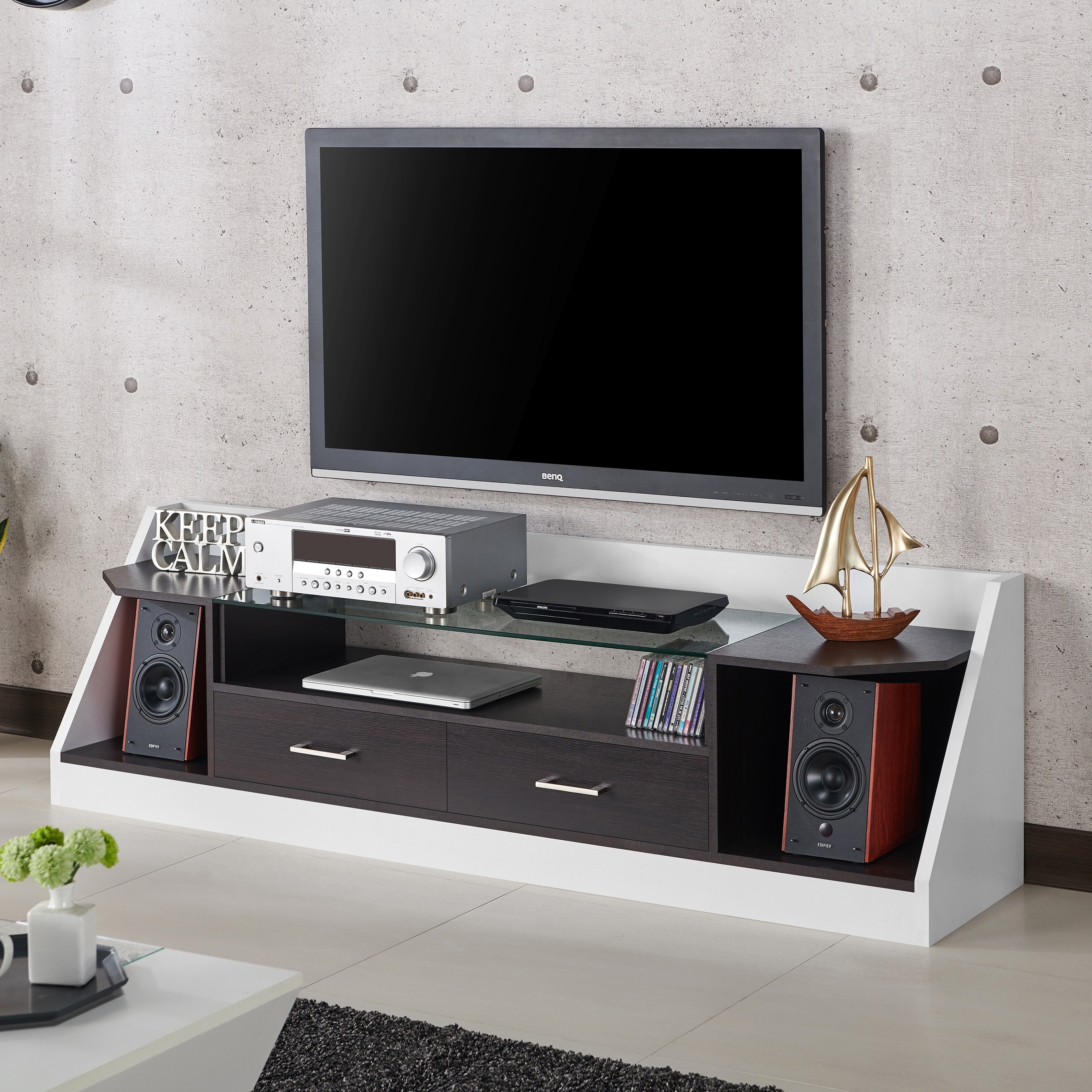 Furniture of America Kax Contemporary White 70-inch Glass Multi-functional Storage TV Console