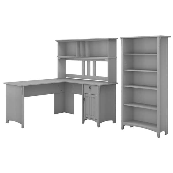 Salinas 60W L Shaped Desk with Hutch and Bookcase in Cape Cod Gray On
