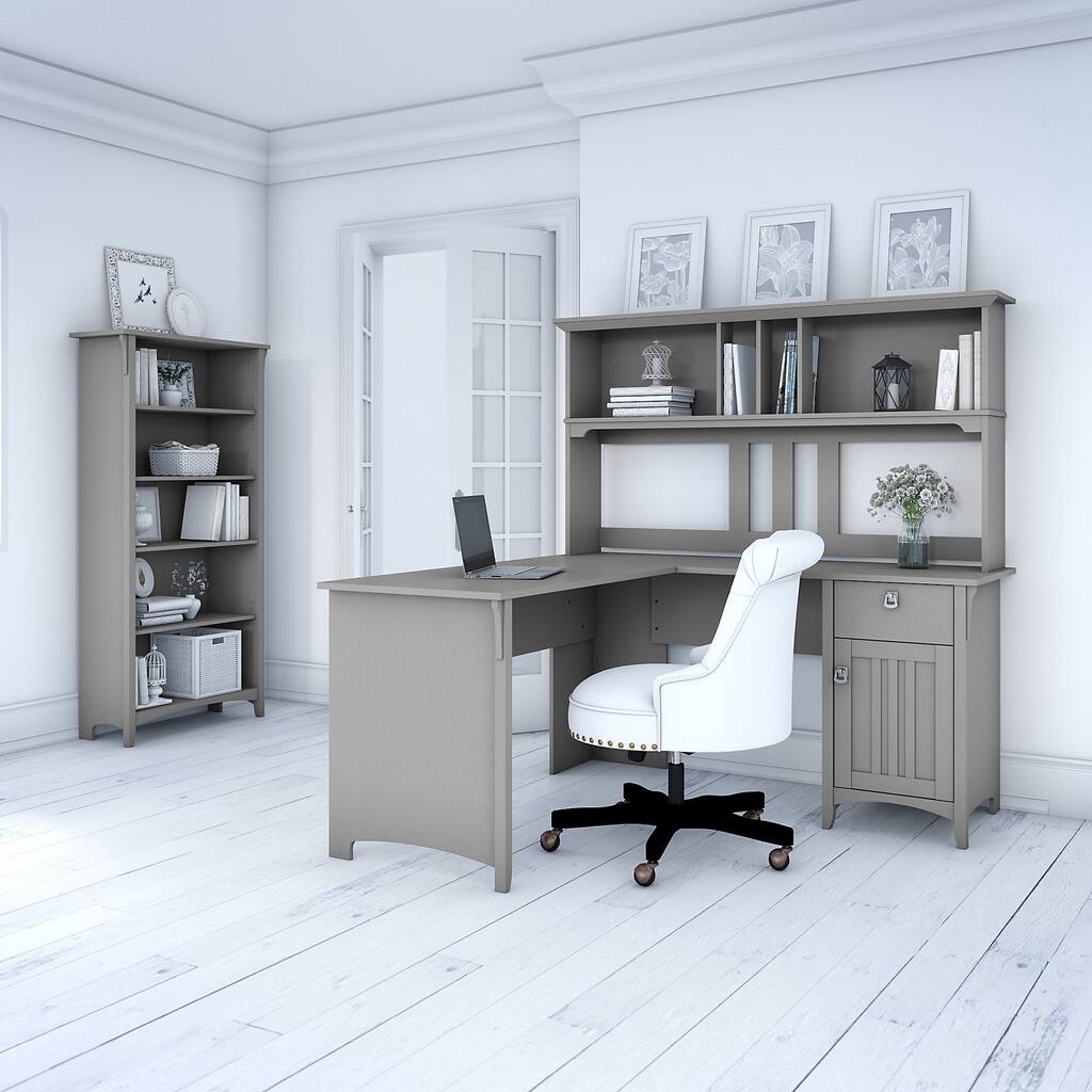 Salinas 60W L Shaped Desk with Hutch and Bookcase in Cape Cod Gray