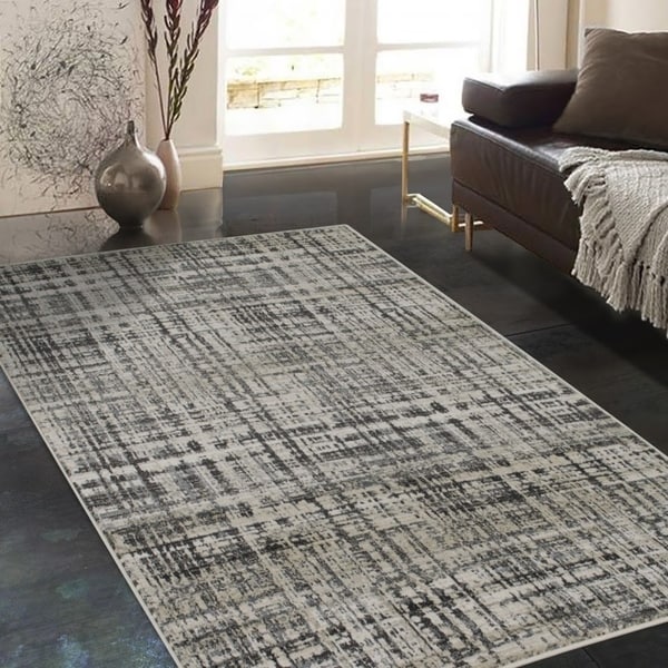 Allstar Rugs Ivory and Cream Rectangular Accent Area Rug with Charcoal Grey Abstract Intersecting Line Design - 4' 11" x 7' 0"
