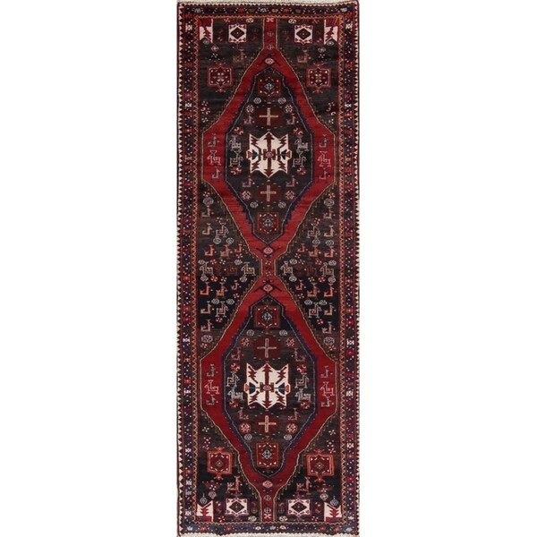 Vintage Geometric Hand Knotted Wool Zanjan Persian Rug - 10'9" x 3'8" runner