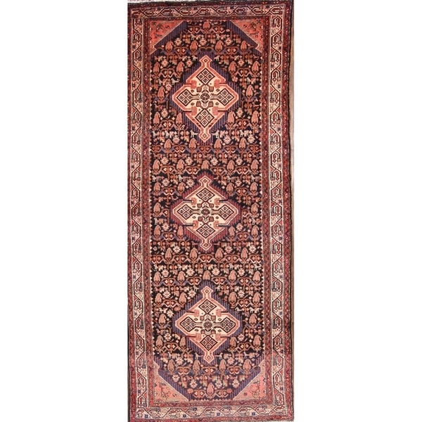 Vintage Handmade Wool Geometric Hamadan Persian Rug - 9'10" x 4'0" runner