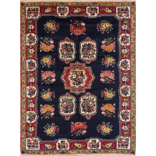 Hand Knotted Wool Traditional Bakhtiari Persian Floral Area Rug - 9'4" x 7'0"