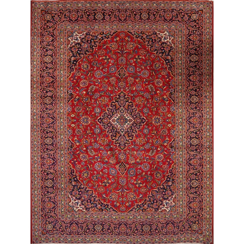 Vintage Hand Knotted Wooleb Kashan Persian Medallion Area Rug - 12'8" x 9'7"