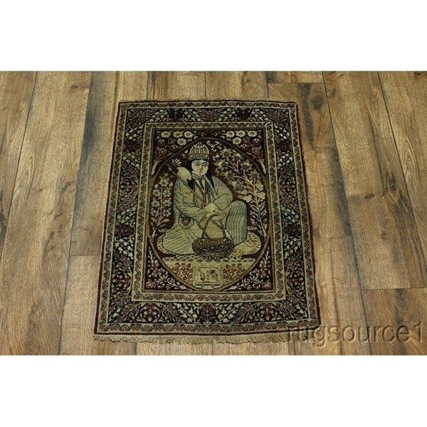 Hand Made Wool Traditional Kerman Ravar Persian Pictorial Rug - 2'7" x 2'0"
