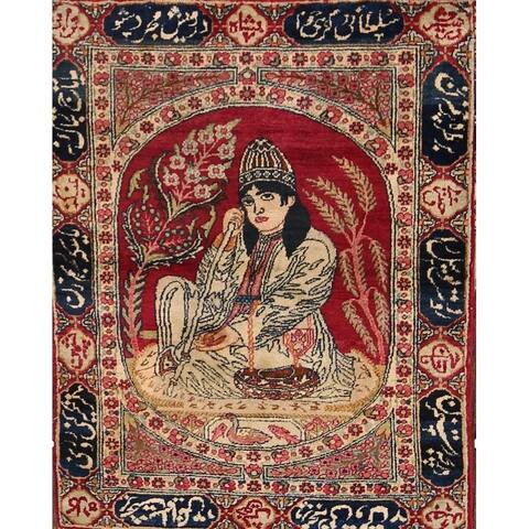 Antique Handmade Ravar Kerman Lavar Persian Pictorial Area Rug Red - 2'9" x 2'0"